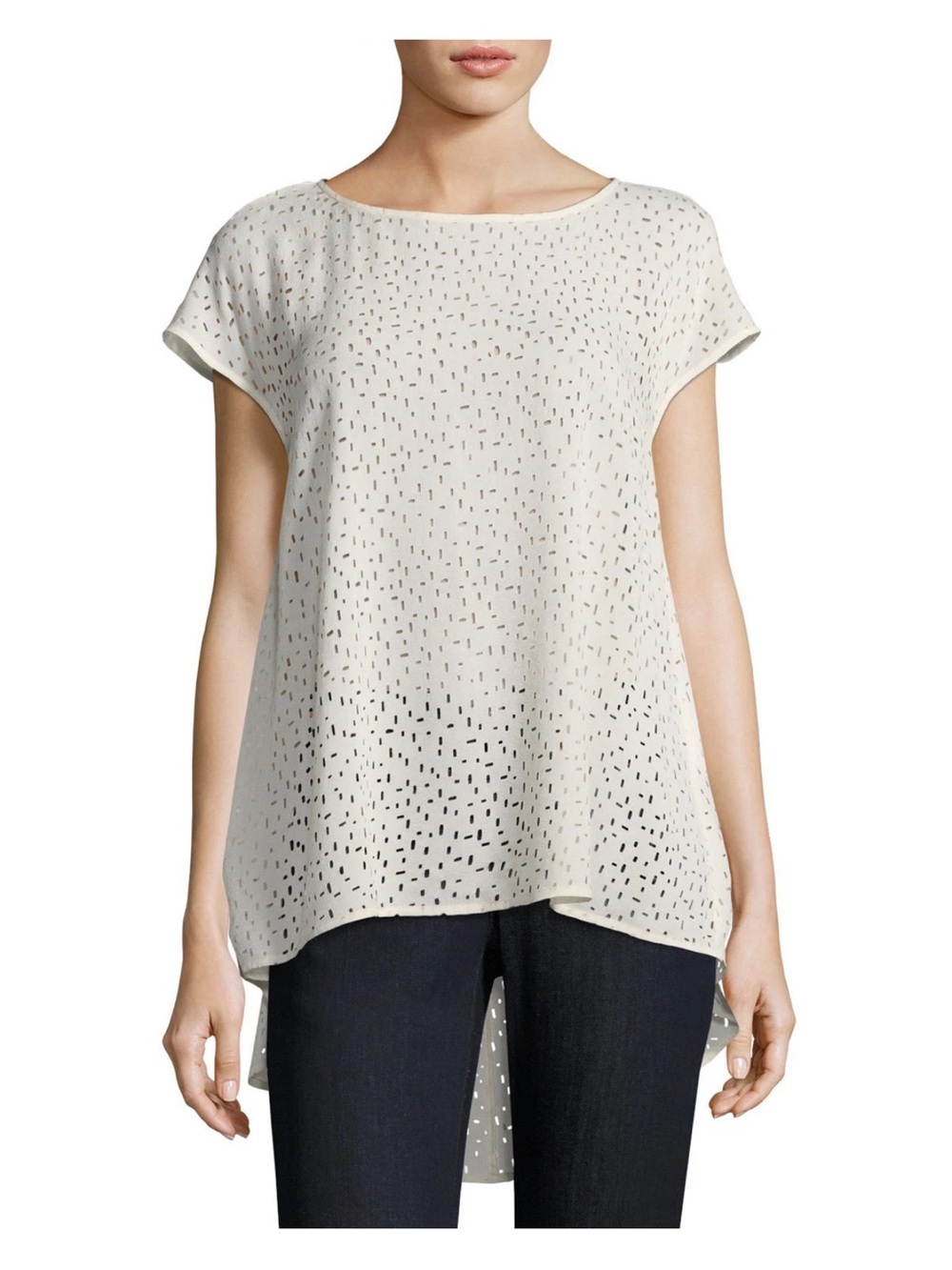 Eileen Fisher Confetti Laser Cut Silk Ballet Neck A Line Top, Bone L NWT